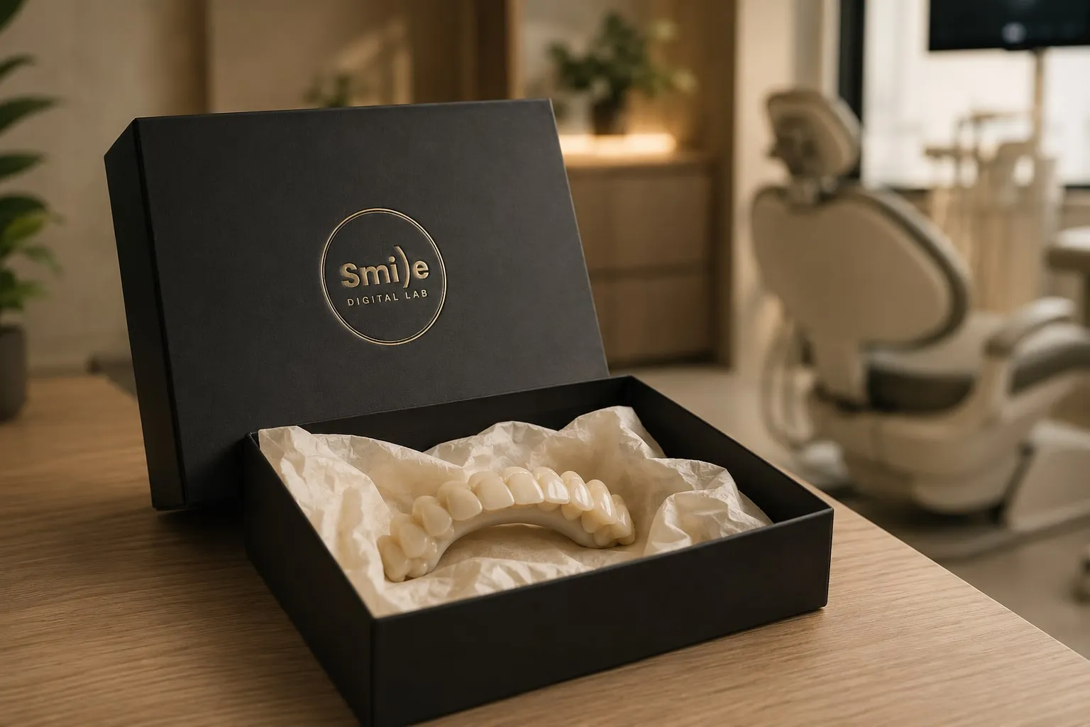 Protocolo de zircônia numa caixa preta forrada com papel de seda, sobre a mesa de um consultório