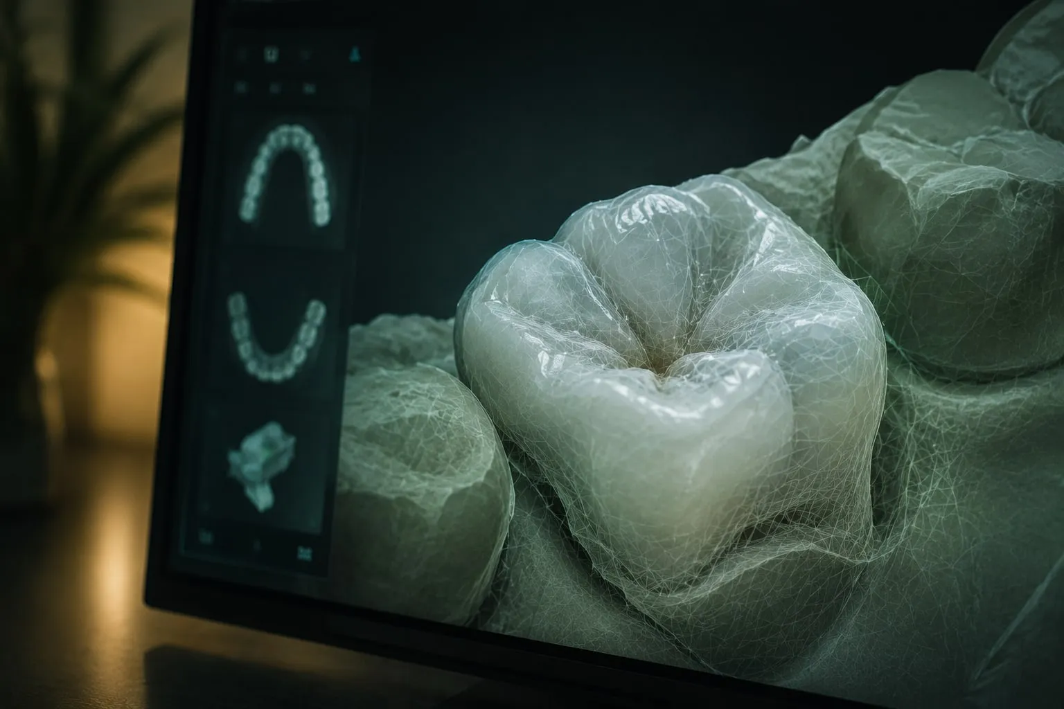 Desenho de uma coroa de molar na tela do CAD, em malha sobre o modelo digital