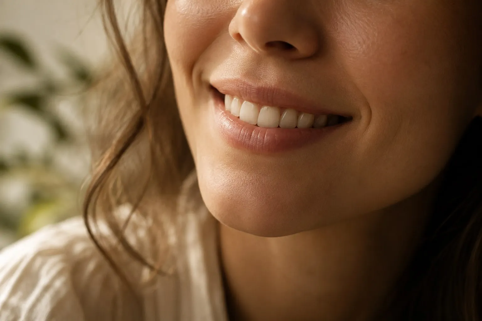 Sorriso natural em luz lateral suave, com dentes de cor natural
